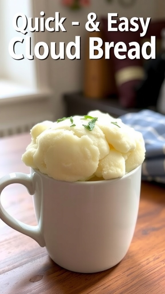 A fluffy cloud bread in a mug, garnished with herbs, on a wooden table.